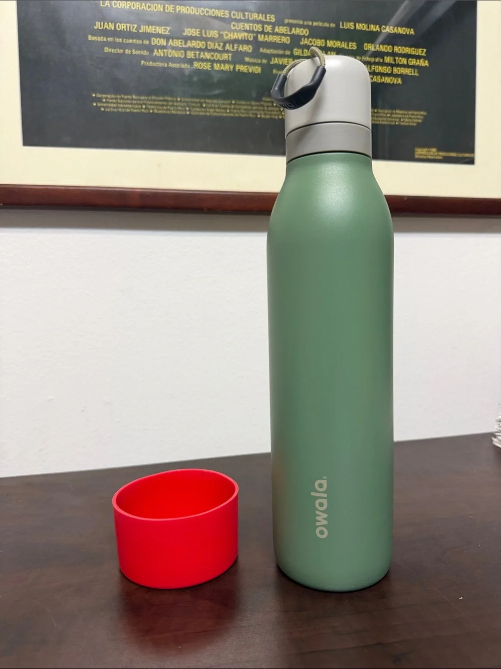 Owala 24 oz Insulated Green Water Bottle with Red Base and Gray Cap